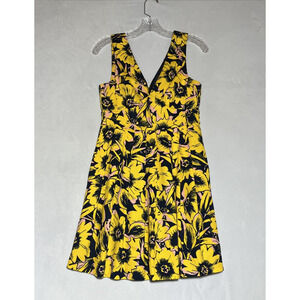 J Crew Floral Pique Dress Size 2 Yellow Floral Double V Neck Fit Flare Pleated